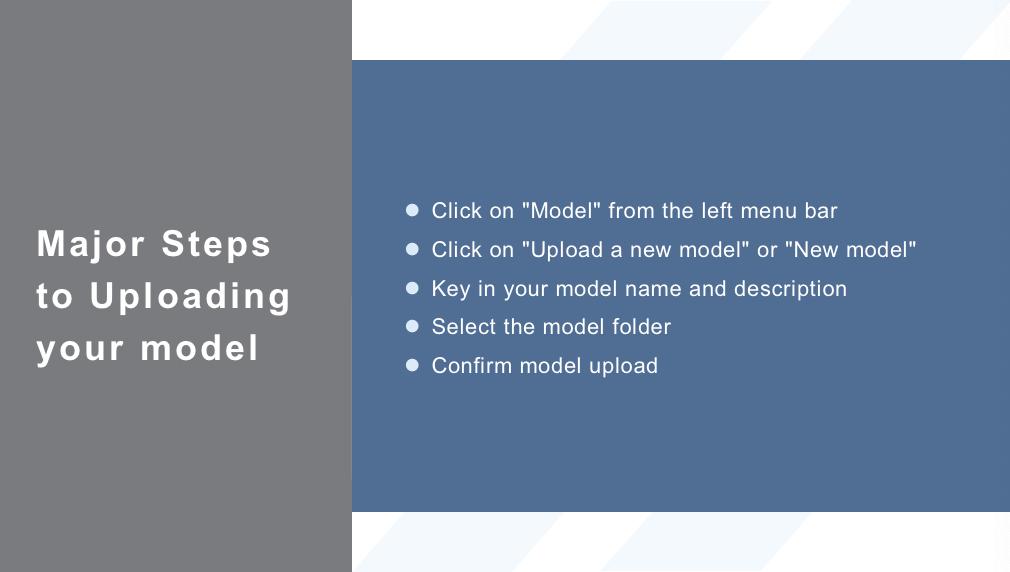 1. Click on "Model" from the left menu bar 2. Click on "Upload a new model" or "New model" 3. Key in your model name and description 4. Select the model folder 5. Confirm model upload
